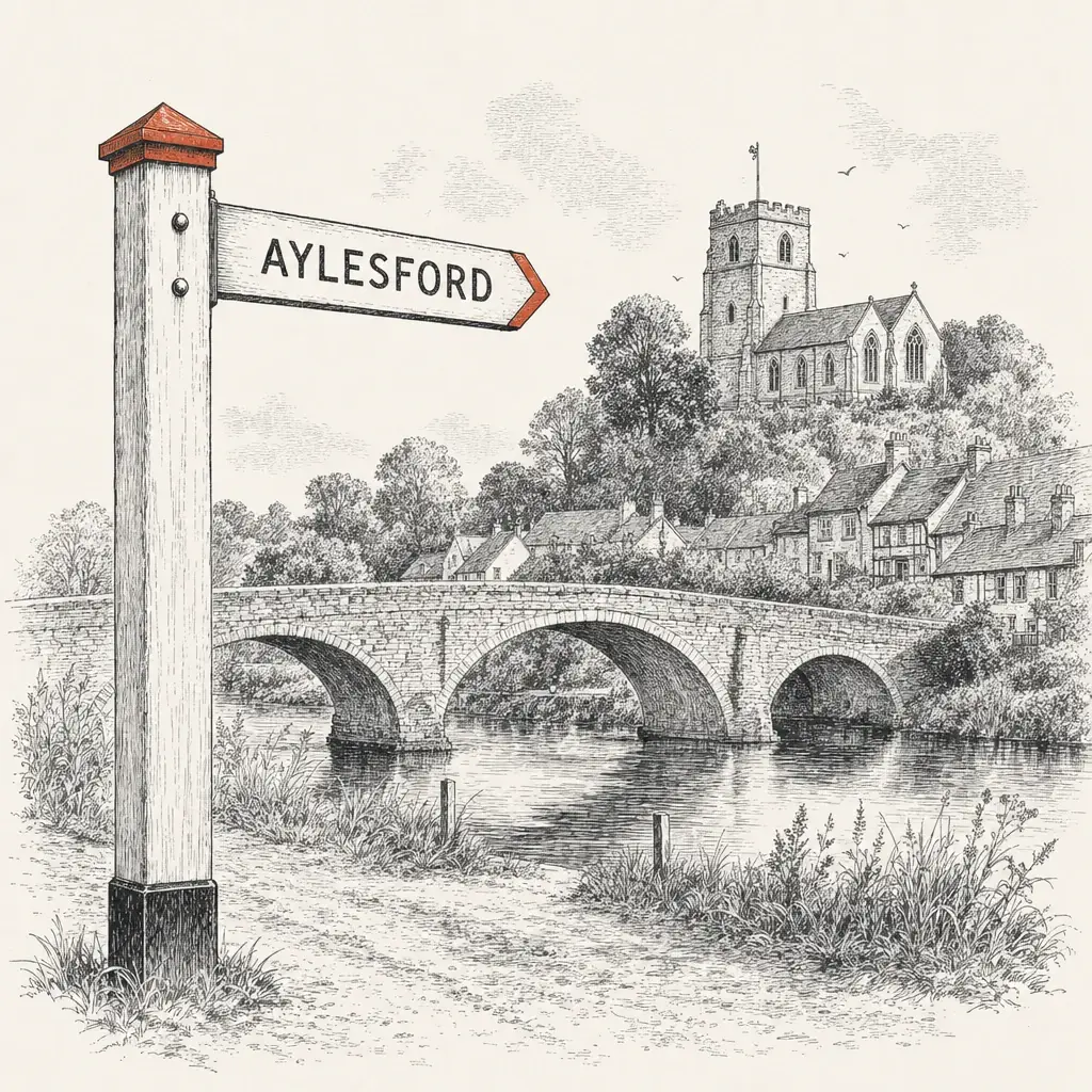 A weathered wooden finger-post sign pointing to Aylesford, with the medieval ragstone bridge over the Medway and the village church on the rise behind it in the middle distance