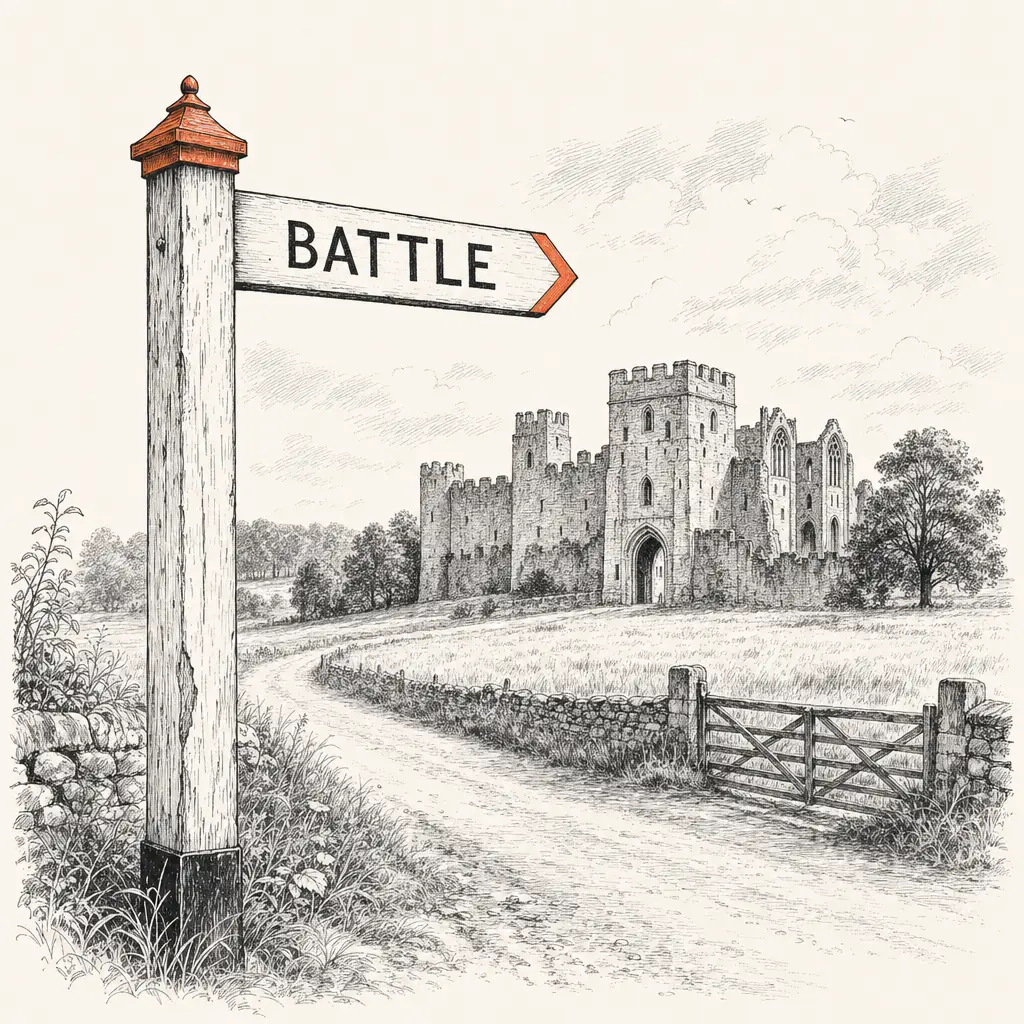 A weathered wooden finger-post sign pointing to Battle, with the medieval gatehouse and crenellated walls of Battle Abbey in the middle distance