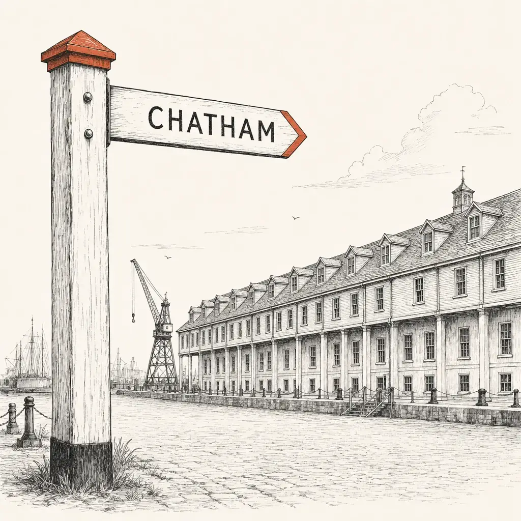 A weathered wooden finger-post sign pointing to Chatham, with the long colonnaded roofline of the historic dockyard and a dockside crane on the quay in the middle distance