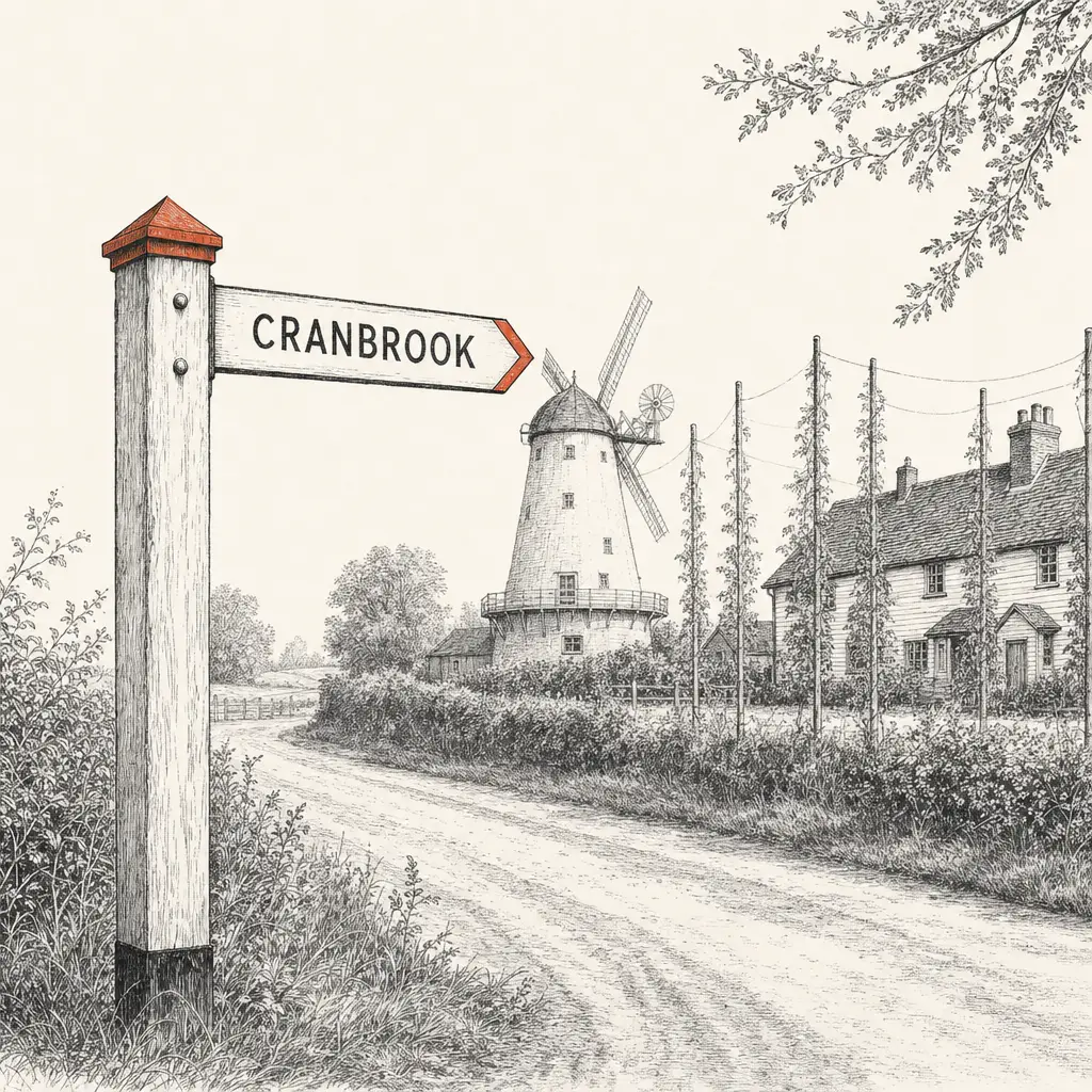 A weathered wooden finger-post sign pointing to Cranbrook, with the Union Mill and a Wealden farmhouse in the middle distance