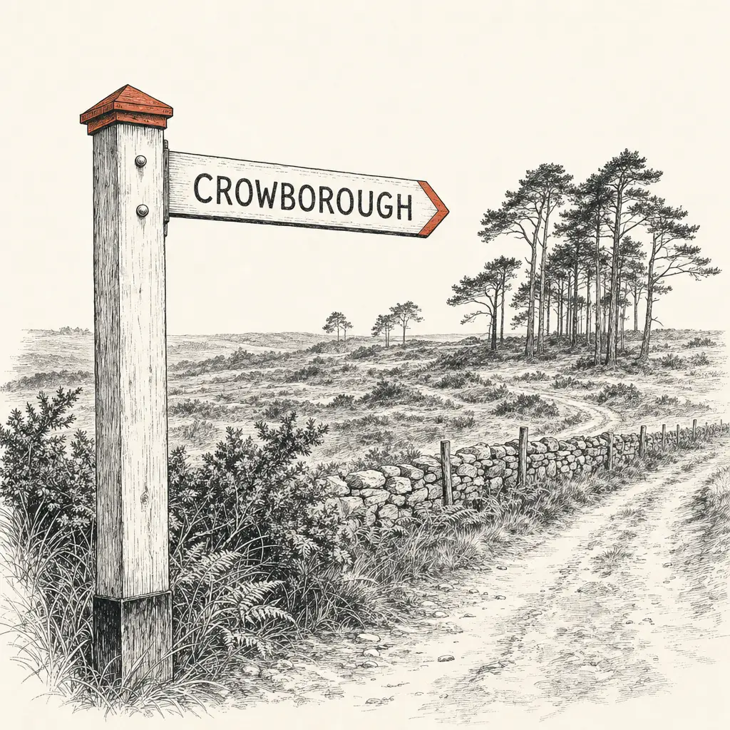 A weathered wooden finger-post sign pointing to Crowborough, with open Ashdown Forest heathland and a stand of Scots pines in the middle distance