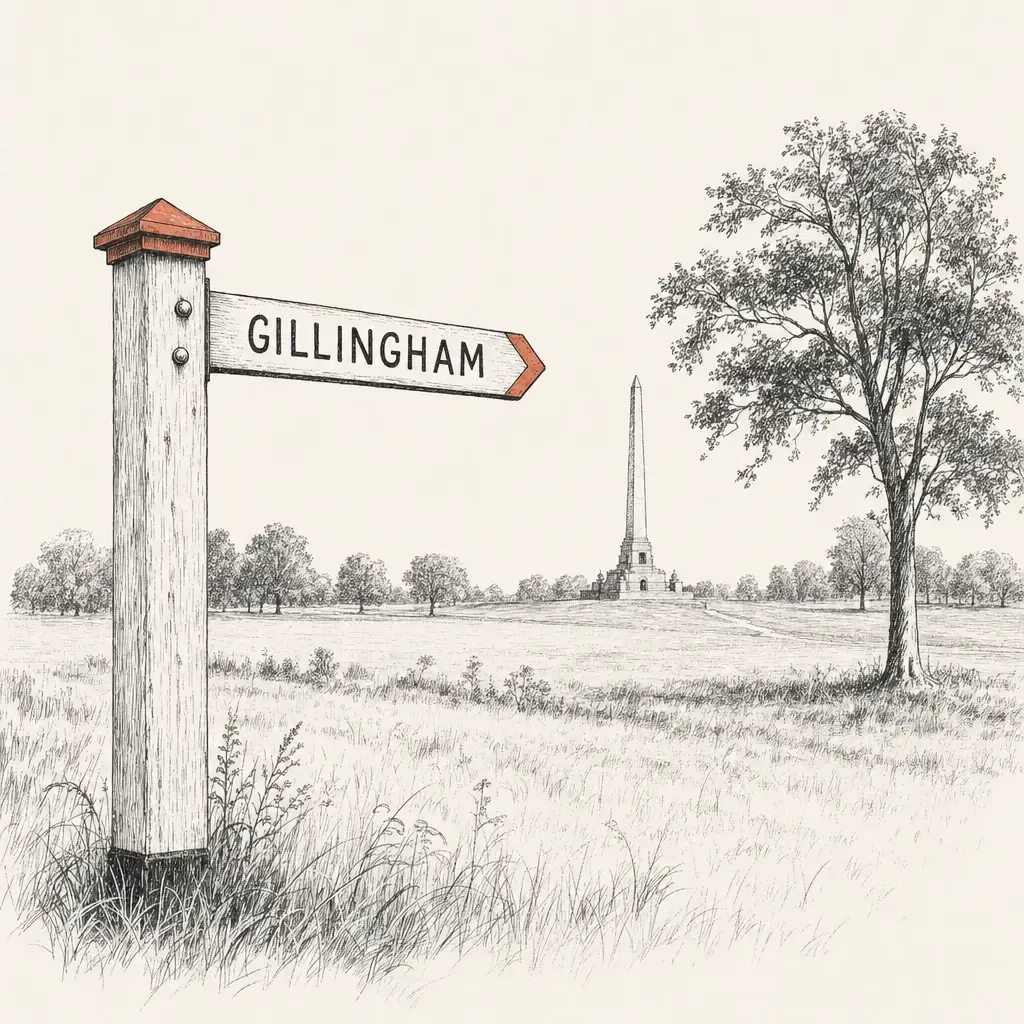 A weathered wooden finger-post sign pointing to Gillingham, with the naval memorial obelisk standing on the open grass of the Great Lines in the middle distance