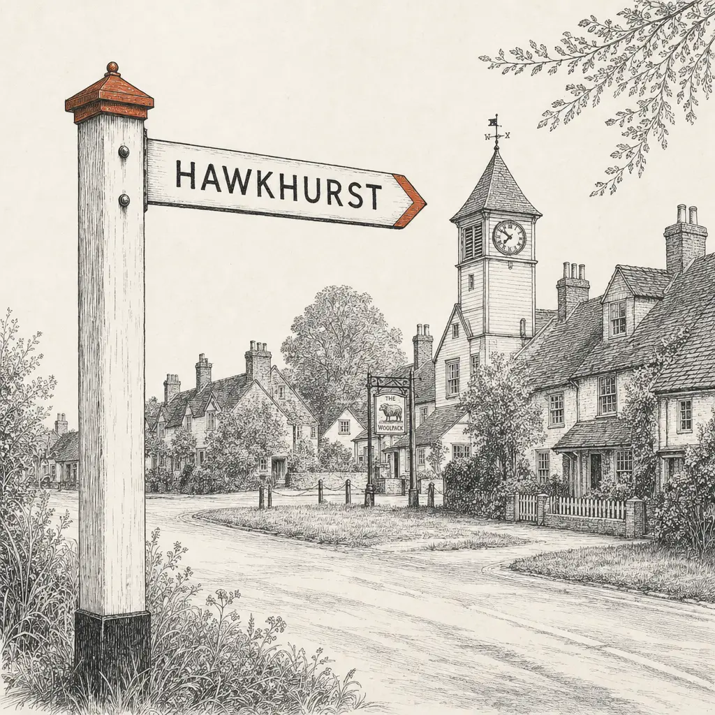 A weathered wooden finger-post sign pointing to Hawkhurst at a Kent–East Sussex crossroads, with the white-weatherboarded clock tower of the Moor and tile-hung cottages in the middle distance