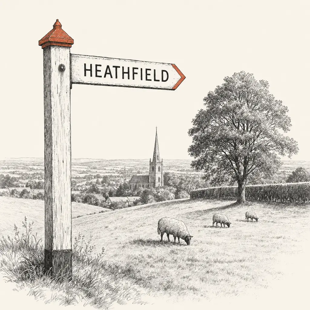 A weathered wooden finger-post sign pointing to Heathfield, with an open Wealden ridge and the spire of All Saints church in the middle distance