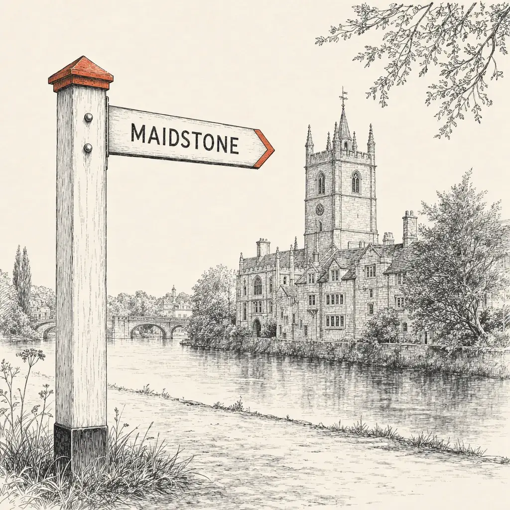 A weathered wooden finger-post sign pointing to Maidstone, with the ragstone tower of All Saints' Church and the Archbishop's Palace beside the river Medway in the middle distance