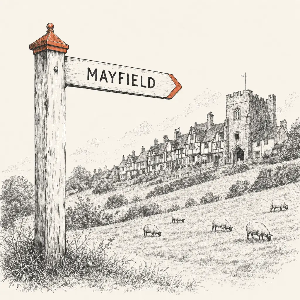 A weathered wooden finger-post sign pointing to Mayfield, with timber-framed high-street cottages and the medieval gatehouse of the old convent in the middle distance