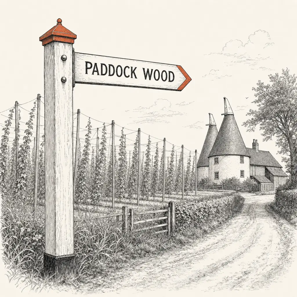 A weathered wooden finger-post sign pointing to Paddock Wood, with rows of hop poles stretching toward a Kentish oast house in the middle distance