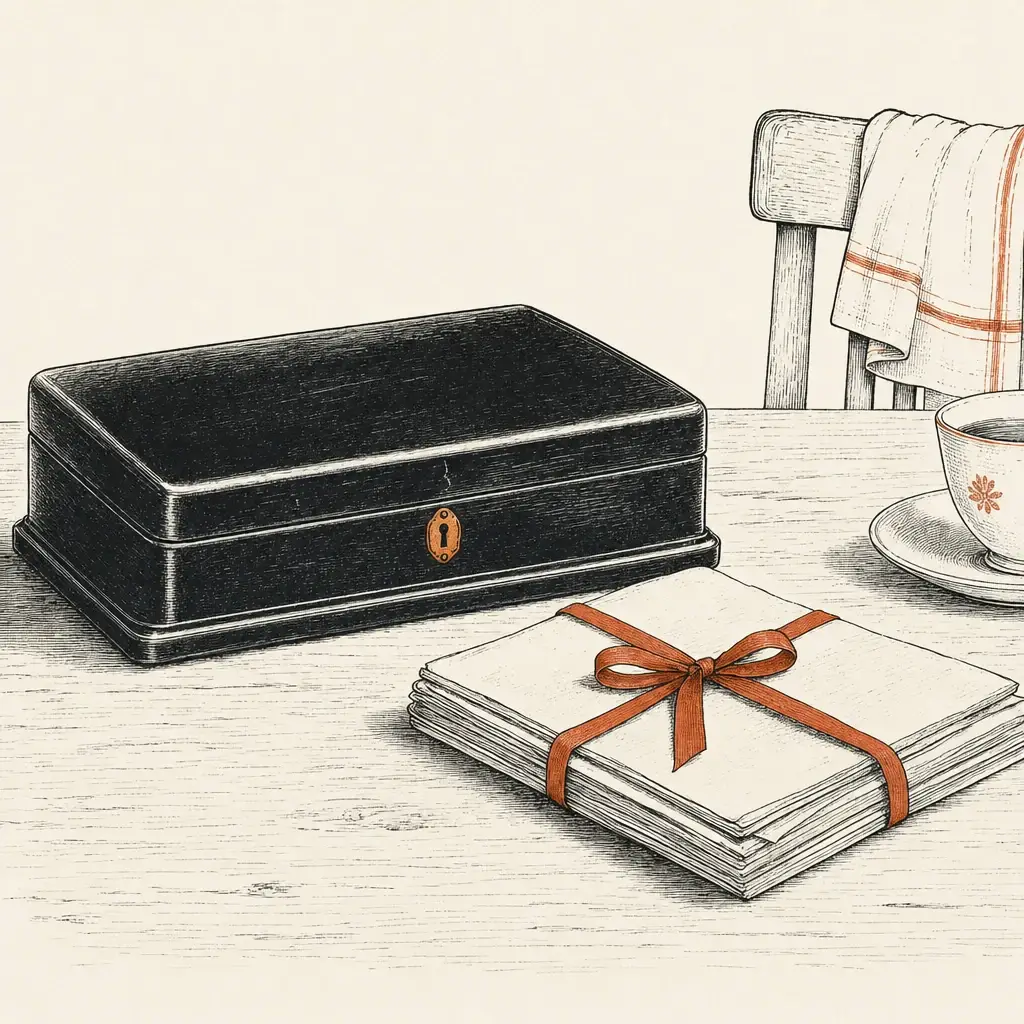A closed black deed box with a brass keyhole sitting on a kitchen table, a bundle of papers tied with a ribbon beside it and a cup of tea at the edge of the frame