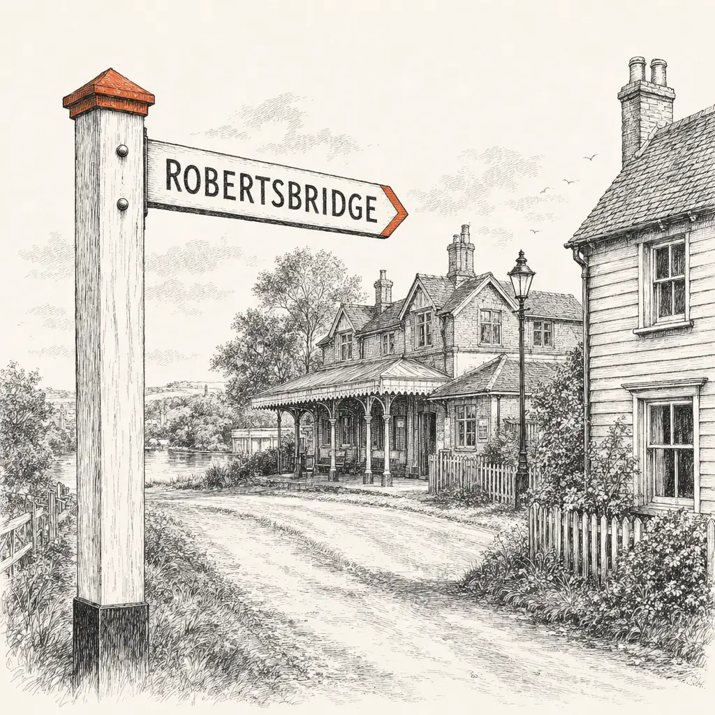 A weathered wooden finger-post sign pointing to Robertsbridge, with the village's tile-hung station building and a glimpse of the river Rother in the middle distance