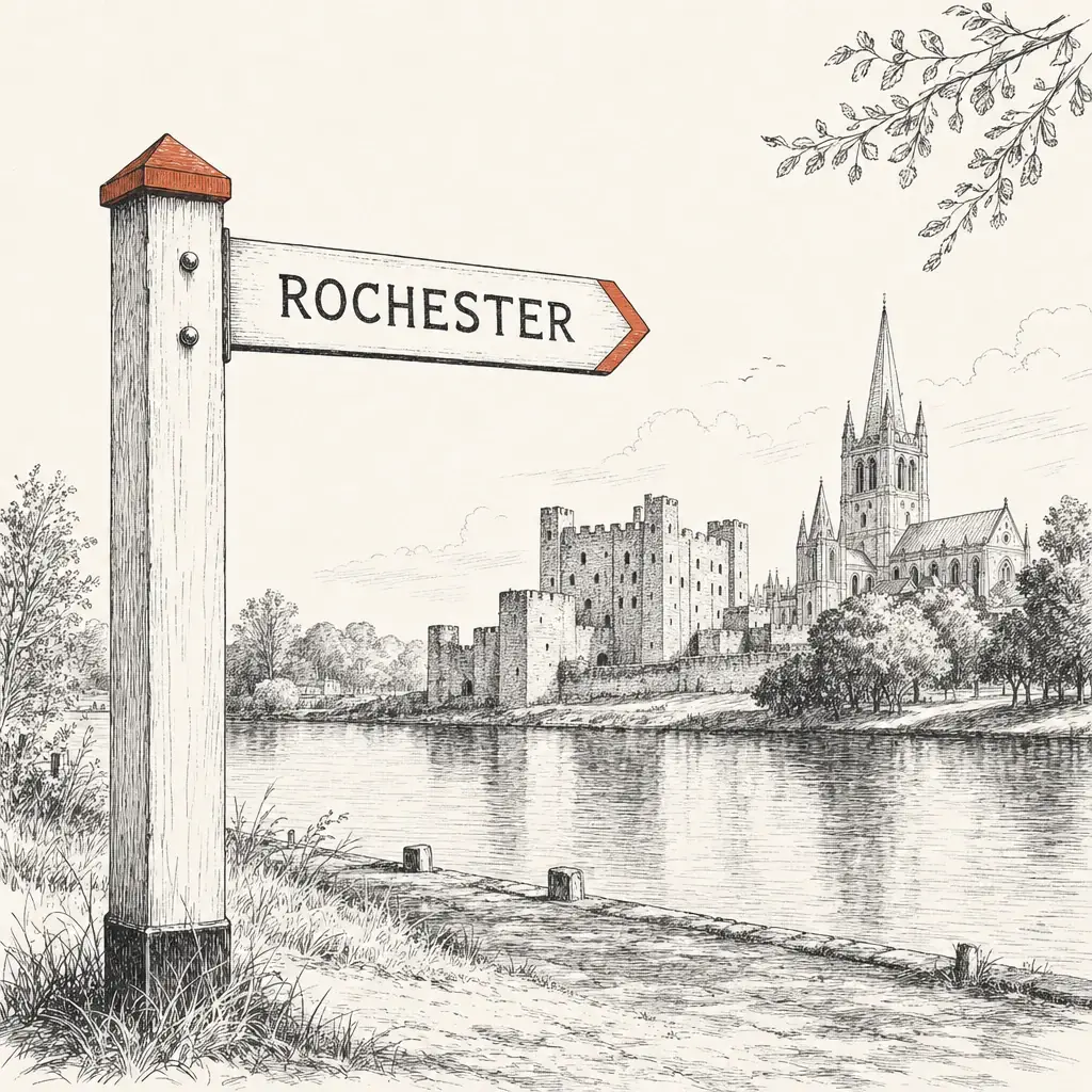 A weathered wooden finger-post sign pointing to Rochester, with the square Norman castle keep and the cathedral spire above the river Medway in the middle distance