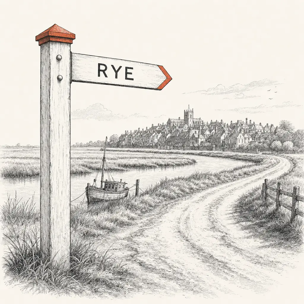 A weathered wooden finger-post sign pointing to Rye, with the cluster of red-tiled rooftops climbing a hill above the salt marsh in the middle distance