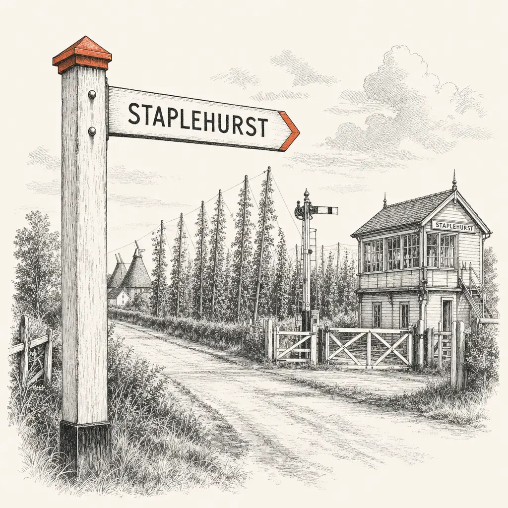 A weathered wooden finger-post sign pointing to Staplehurst, with a level crossing, signal-box, and hop gardens stretching toward an oast house in the middle distance