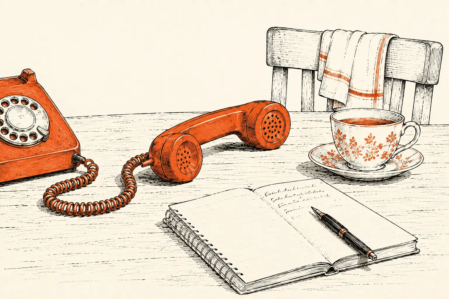 A rotary telephone and notebook on a kitchen table
