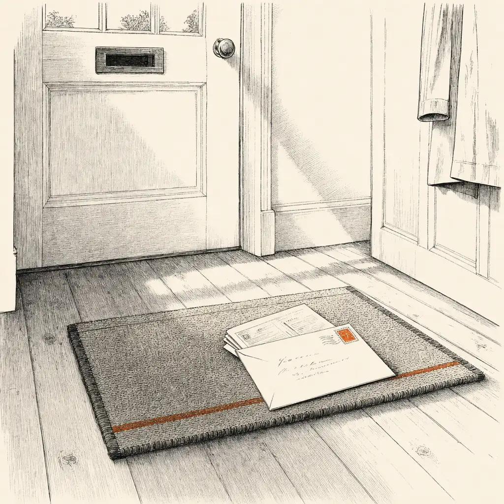 A large envelope and folded forms lying on a doormat inside a front door, morning light across the hall floor