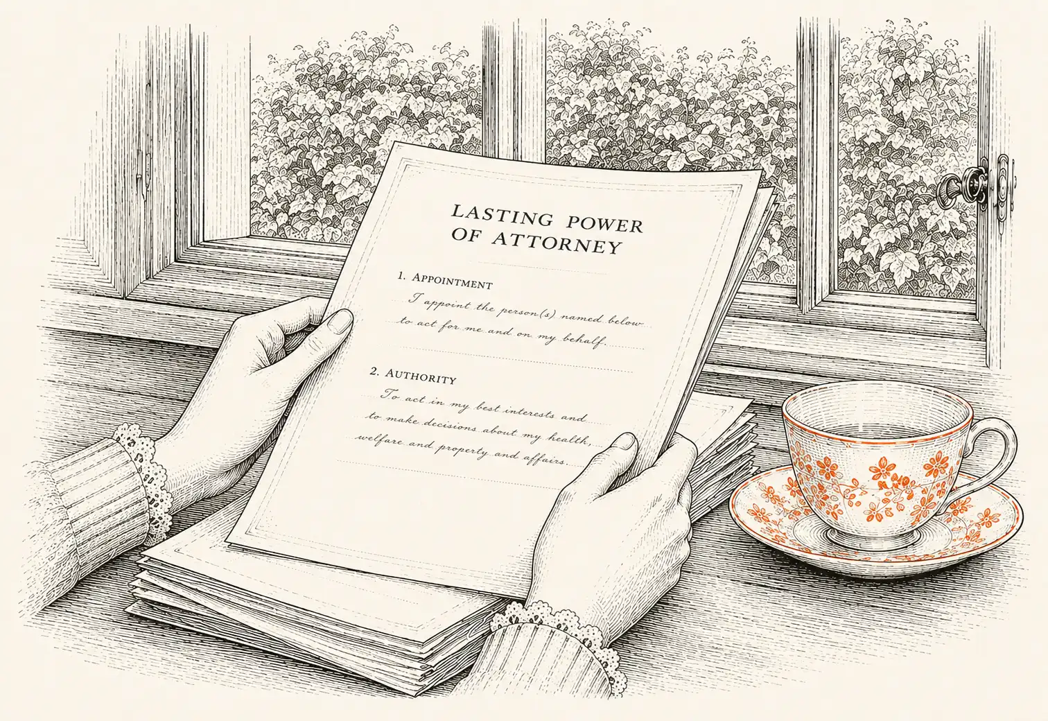 Hands holding a Lasting Power of Attorney document for review by a window