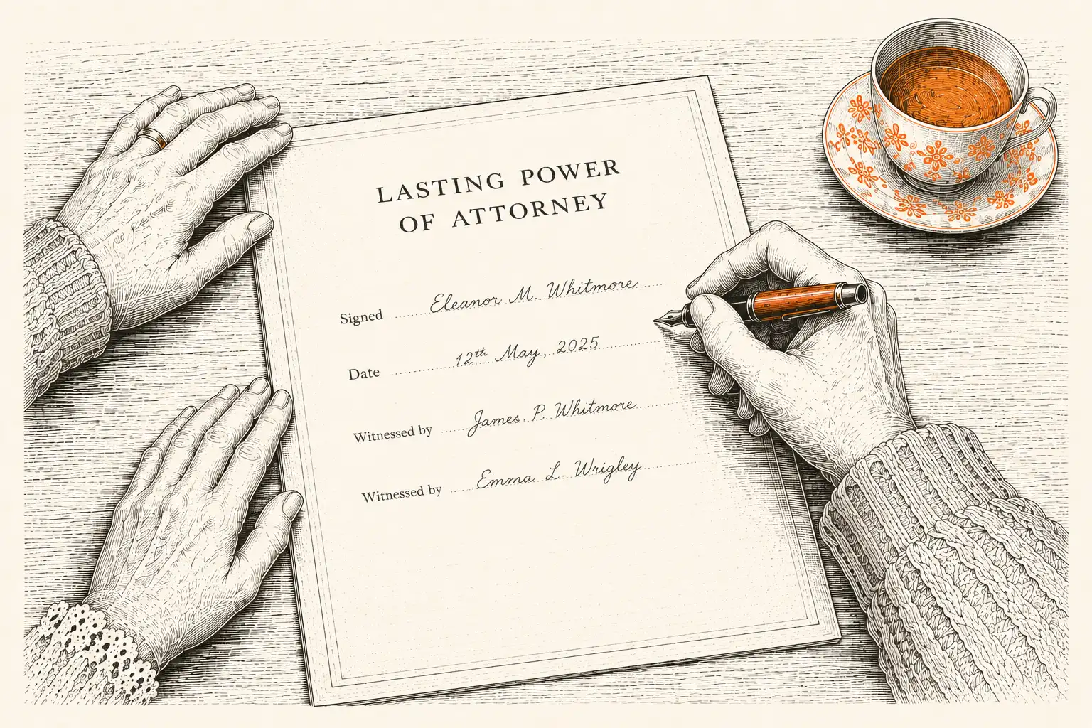 A hand signing a will with two witness hands resting alongside, a teacup nearby