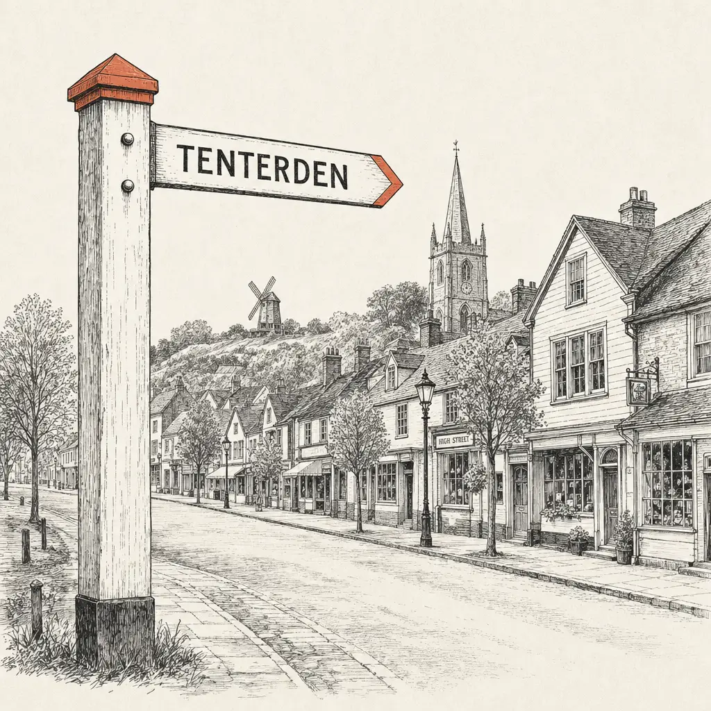A weathered wooden finger-post sign pointing to Tenterden, with the broad tree-lined High Street and the steeple of St Mildred's church rising in the middle distance