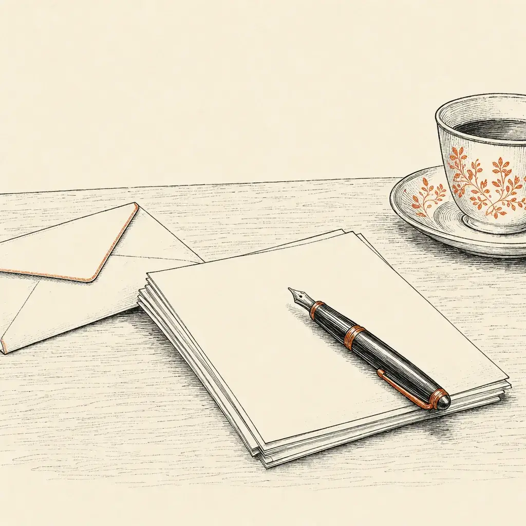 A fountain pen resting on a small stack of unmarked papers on a kitchen table, a plain envelope beside them and a cup of tea at the edge of the frame