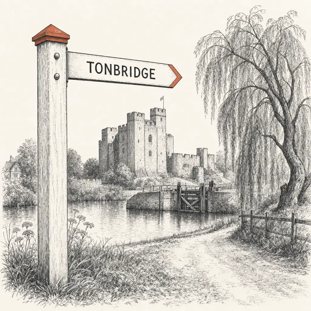 A weathered wooden finger-post sign pointing to Tonbridge, with the medieval keep of Tonbridge Castle rising above the river Medway in the middle distance
