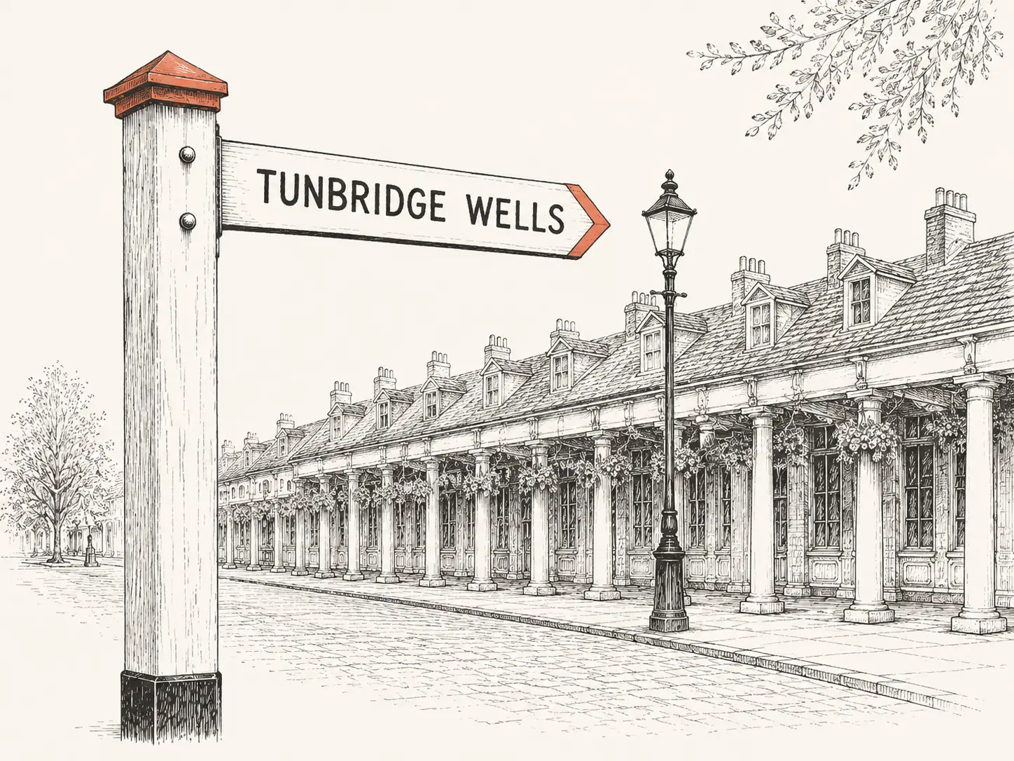 A weathered wooden finger-post sign pointing to Tunbridge Wells, with the Pantiles colonnade in the middle distance
