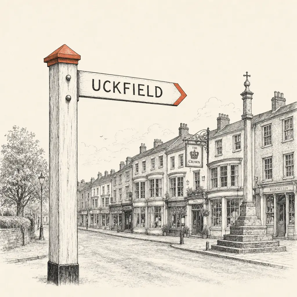 A weathered wooden finger-post sign pointing to Uckfield, with the Georgian High Street and old market cross in the middle distance