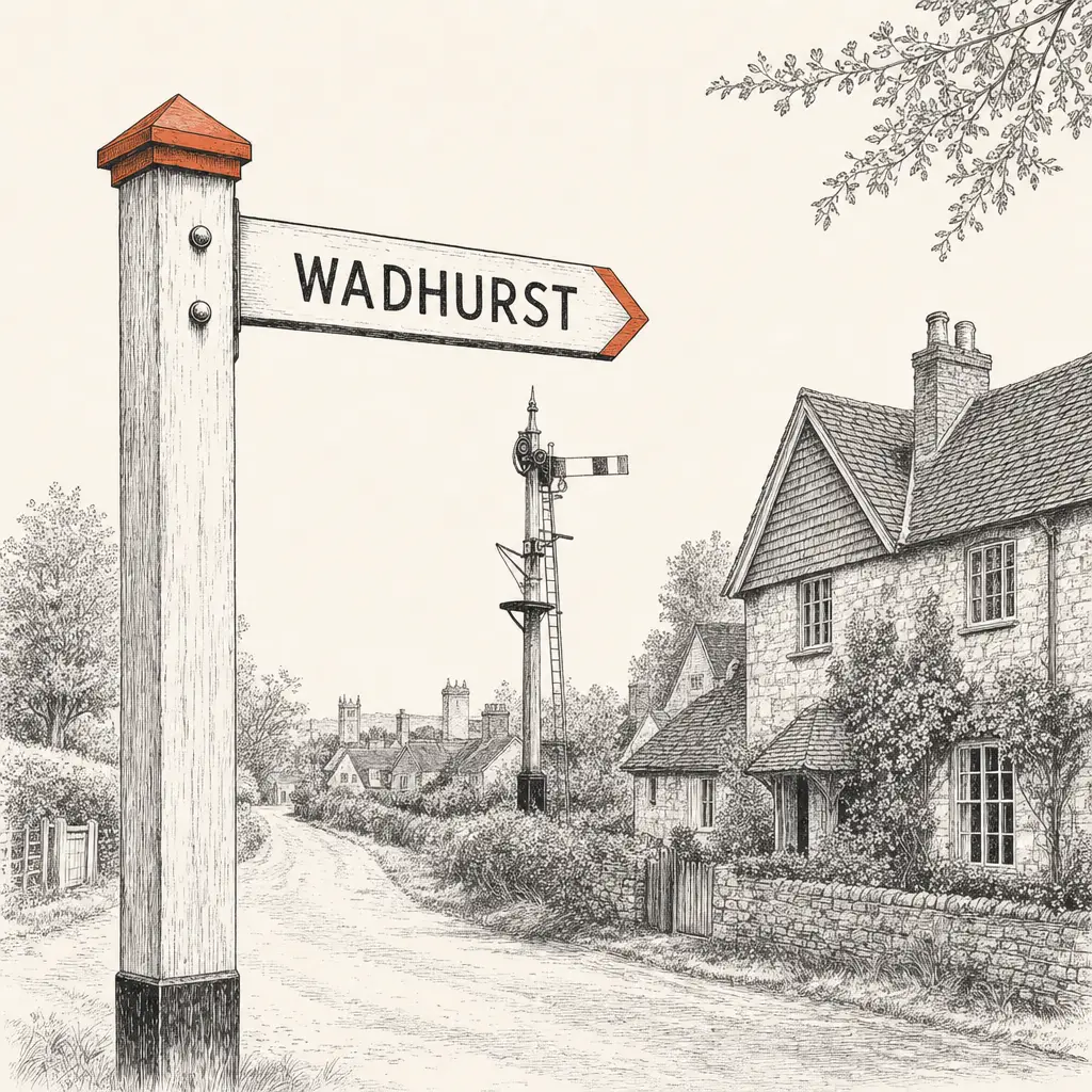 A weathered wooden finger-post sign pointing to Wadhurst, with a sandstone High Weald cottage and an old wooden railway signal-post in the middle distance