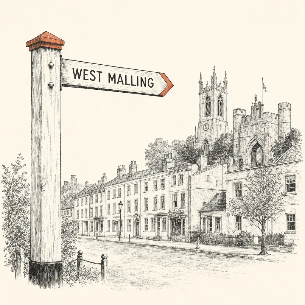 A weathered wooden finger-post sign pointing to West Malling, with the Georgian high street running down towards a church tower and the battlemented abbey gatehouse in the middle distance